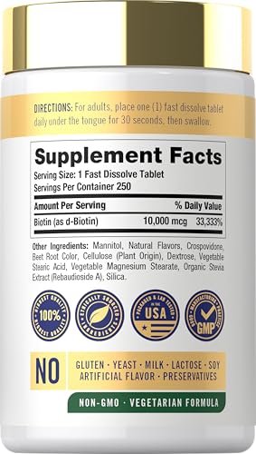 Carlyle Biotin 10000 mcg | 250 schnell lösliche Tabletten | Maximale Stärke | Vegetarisch, Nicht-GVO, Glutenfrei