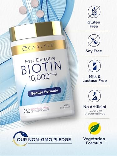 Carlyle Biotin 10000 mcg | 250 schnell lösliche Tabletten | Maximale Stärke | Vegetarisch, Nicht-GVO, Glutenfrei