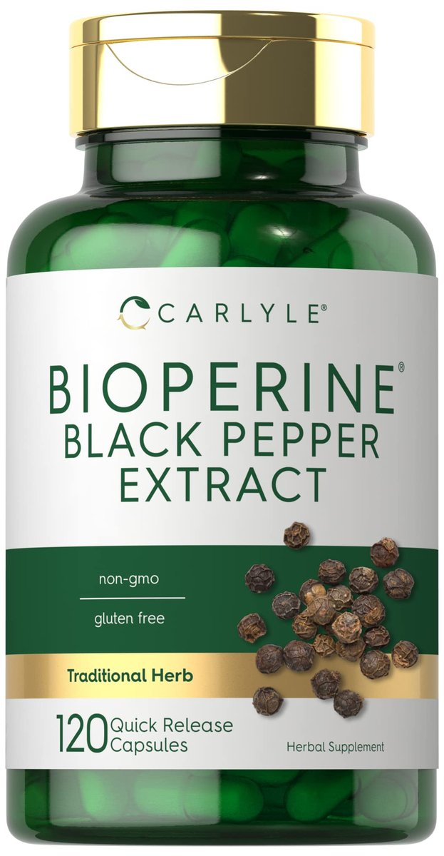 Carlyle Bioperin 10 mg | 120 Kapseln | Non-GMO & Glutenfrei | Aus schwarzem Pfefferextrakt | Unterstützt die Aufnahme von Curcumin-Pulver