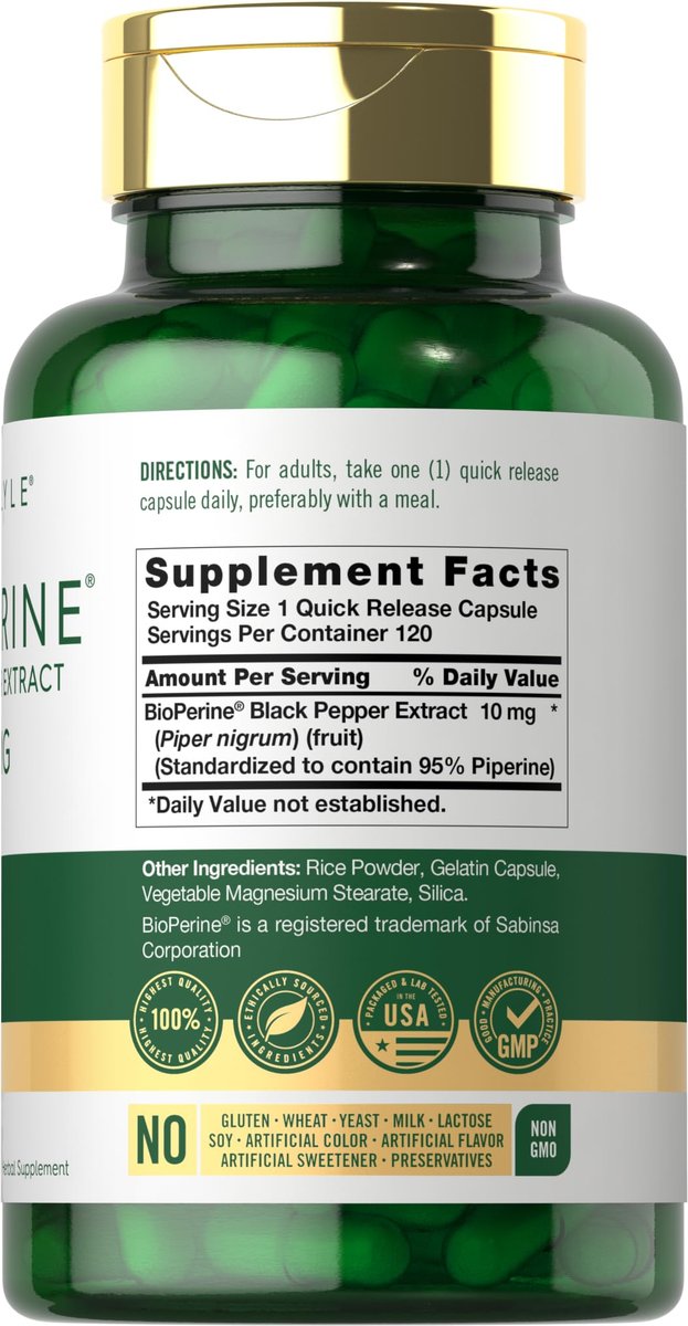 Carlyle Bioperin 10 mg | 120 Kapseln | Non-GMO & Glutenfrei | Aus schwarzem Pfefferextrakt | Unterstützt die Aufnahme von Curcumin-Pulver