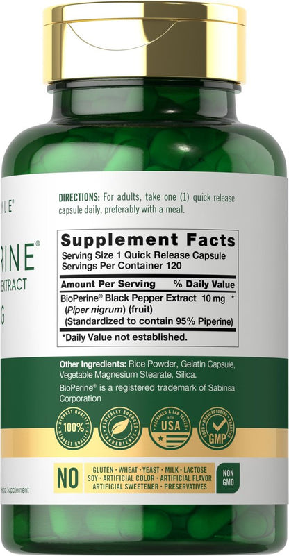 Carlyle Bioperin 10 mg | 120 Kapseln | Non-GMO & Glutenfrei | Aus schwarzem Pfefferextrakt | Unterstützt die Aufnahme von Curcumin-Pulver
