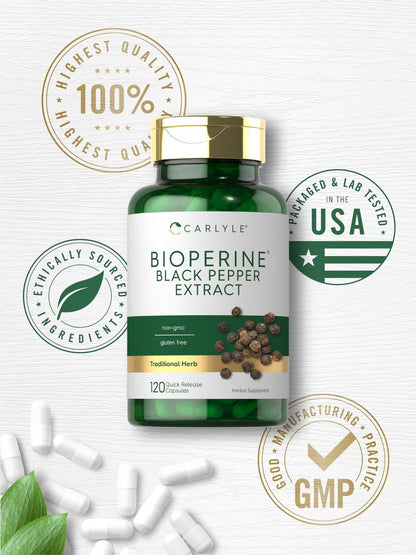 Carlyle Bioperin 10 mg | 120 Kapseln | Non-GMO & Glutenfrei | Aus schwarzem Pfefferextrakt | Unterstützt die Aufnahme von Curcumin-Pulver