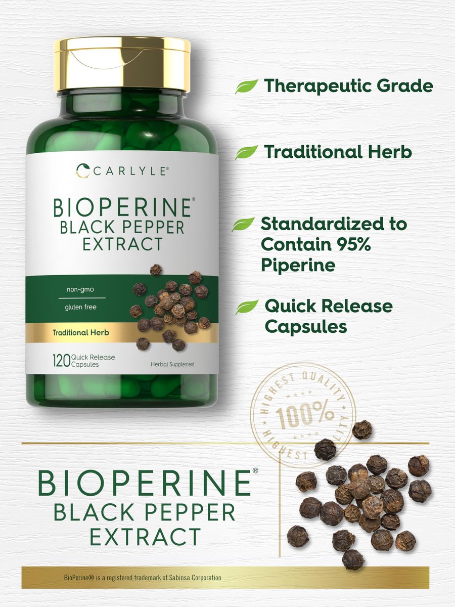 Carlyle Bioperin 10 mg | 120 Kapseln | Non-GMO & Glutenfrei | Aus schwarzem Pfefferextrakt | Unterstützt die Aufnahme von Curcumin-Pulver