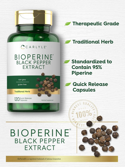 Carlyle Bioperin 10 mg | 120 Kapseln | Non-GMO & Glutenfrei | Aus schwarzem Pfefferextrakt | Unterstützt die Aufnahme von Curcumin-Pulver