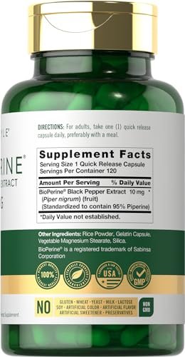 Carlyle Bioperin 10 mg | 120 Kapseln | Non-GMO & Glutenfrei | Aus schwarzem Pfefferextrakt | Unterstützt die Aufnahme von Curcumin-Pulver