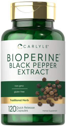 Carlyle Bioperin 10 mg | 120 Kapseln | Non-GMO & Glutenfrei | Aus schwarzem Pfefferextrakt | Unterstützt die Aufnahme von Curcumin-Pulver