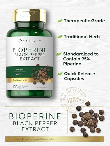 Carlyle Bioperin 10 mg | 120 Kapseln | Non-GMO & Glutenfrei | Aus schwarzem Pfefferextrakt | Unterstützt die Aufnahme von Curcumin-Pulver