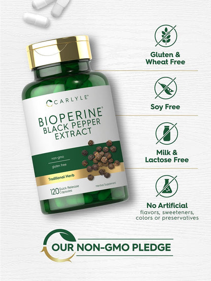 Carlyle Bioperin 10 mg | 120 Kapseln | Non-GMO & Glutenfrei | Aus schwarzem Pfefferextrakt | Unterstützt die Aufnahme von Curcumin-Pulver