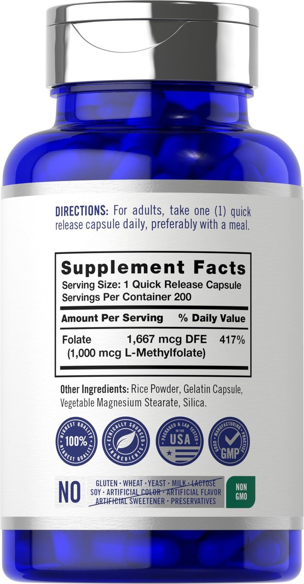 Carlyle L-Methylfolat 1000 mcg | 200 Kapseln | Optimiert und aktiviert | Nicht-GVO, glutenfrei | Methylfolat, 5-MTHF | von Opti-Folate