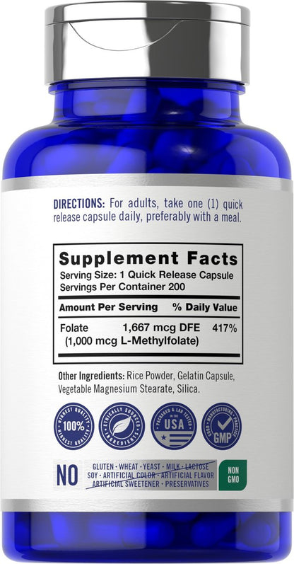 Carlyle L-Methylfolat 1000 mcg | 200 Kapseln | Optimiert und aktiviert | Nicht-GVO, glutenfrei | Methylfolat, 5-MTHF | von Opti-Folate