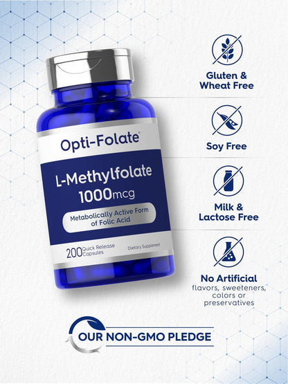 Carlyle L-Methylfolat 1000 mcg | 200 Kapseln | Optimiert und aktiviert | Nicht-GVO, glutenfrei | Methylfolat, 5-MTHF | von Opti-Folate
