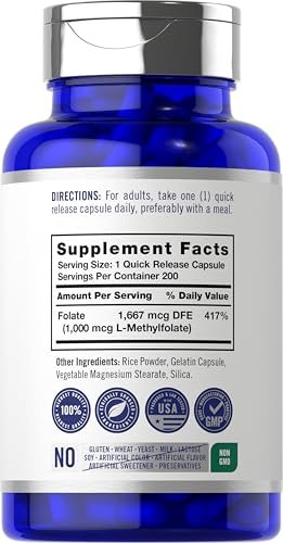 Carlyle L-Methylfolat 1000 mcg | 200 Kapseln | Optimiert und aktiviert | Nicht-GVO, glutenfrei | Methylfolat, 5-MTHF | von Opti-Folate