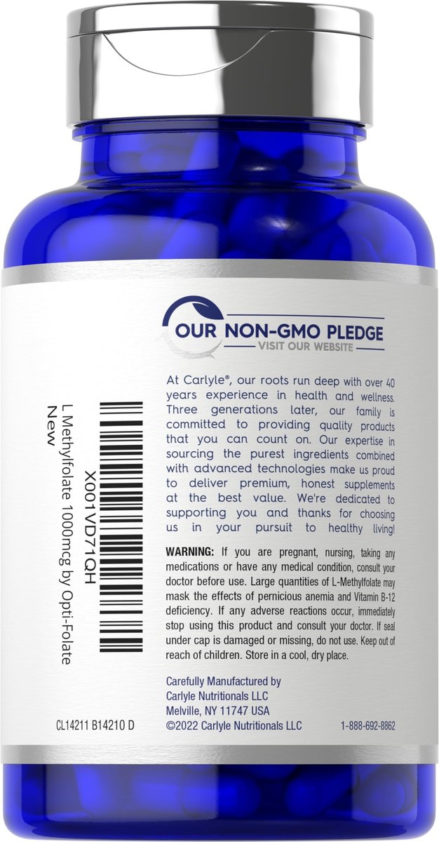 Carlyle L-Methylfolat 1000 mcg | 200 Kapseln | Optimiert und aktiviert | Nicht-GVO, glutenfrei | Methylfolat, 5-MTHF | von Opti-Folate