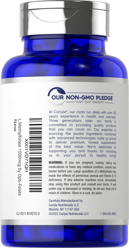 Carlyle L-Methylfolat 1000 mcg | 200 Kapseln | Optimiert und aktiviert | Nicht-GVO, glutenfrei | Methylfolat, 5-MTHF | von Opti-Folate