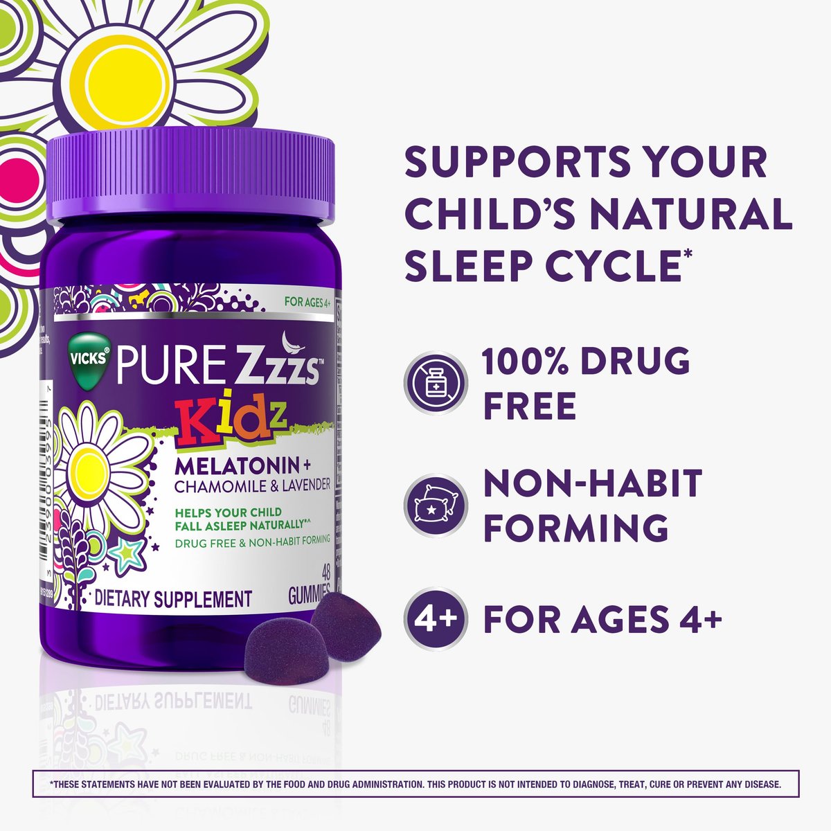 VICKS PURE Zzzs Kidz – Melatonin Gummis für Kinder, natürlicher Schlafhilfe, niedrig dosiert, 48 Gummis