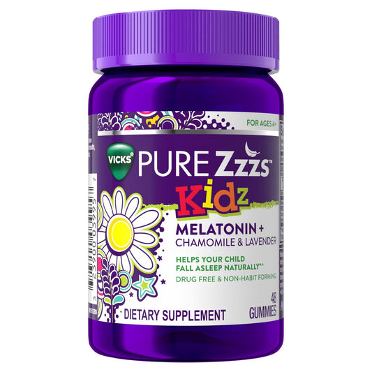 VICKS PURE Zzzs Kidz – Melatonin Gummis für Kinder, natürlicher Schlafhilfe, niedrig dosiert, 48 Gummis