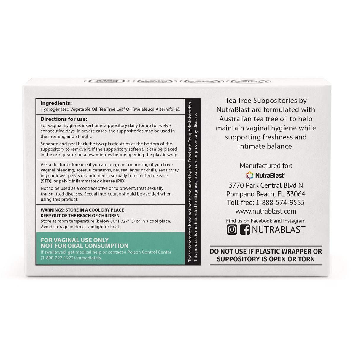 NutraBlast Teebaumöl-Zäpfchen (12 Stück) | Natürliches Intimdeodorant für Frauen | Wiederherstellung des weiblichen Gleichgewichts | Hergestellt in den USA