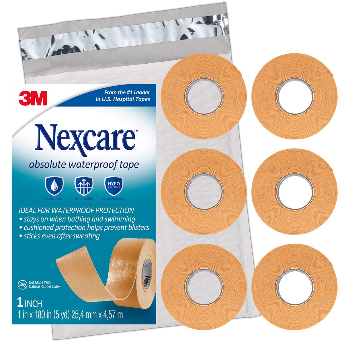 Nexcare Absolute Waterproof Tape – Flexibler Schaumstoff-Medizintape zur sicheren Fixierung von Verbänden und zum Schutz vor Nässe – 1 Zoll x 4,5 m, 6 Rollen