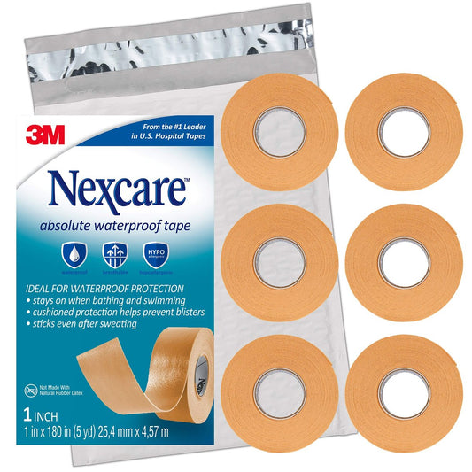 Nexcare Absolute Waterproof Tape – Flexibler Schaumstoff-Medizintape zur sicheren Fixierung von Verbänden und zum Schutz vor Nässe – 1 Zoll x 4,5 m, 6 Rollen