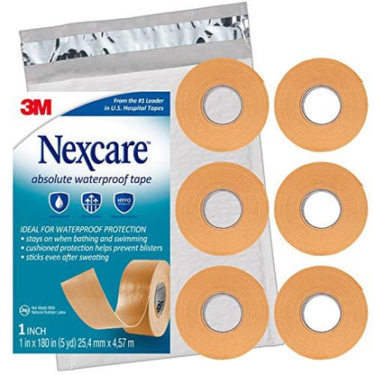 Nexcare Absolute Waterproof Tape – Flexibler Schaumstoff-Medizintape zur sicheren Fixierung von Verbänden und zum Schutz vor Nässe – 1 Zoll x 4,5 m, 6 Rollen