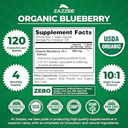 Zazzee USDA Bio-Blaubeere 10:1 Extrakt, 120 vegane Kapseln, 4 Monate Vorrat, ganze Frucht, Vaccinium Angustifolium, Antioxidantien & Zellgesundheit, Kräuterergänzung, Nicht-GVO, Hergestellt in den USA