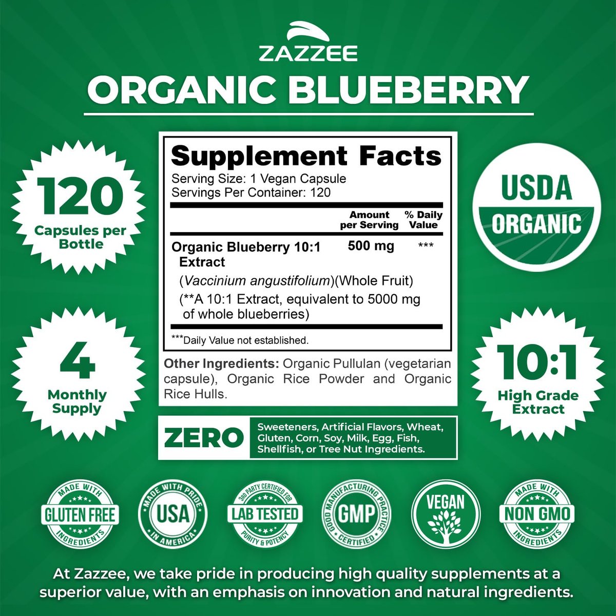 Zazzee USDA Bio-Blaubeere 10:1 Extrakt, 120 vegane Kapseln, 4 Monate Vorrat, ganze Frucht, Vaccinium Angustifolium, Antioxidantien & Zellgesundheit, Kräuterergänzung, Nicht-GVO, Hergestellt in den USA