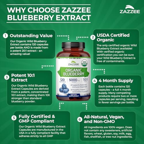 Zazzee USDA Bio-Blaubeere 10:1 Extrakt, 120 vegane Kapseln, 4 Monate Vorrat, ganze Frucht, Vaccinium Angustifolium, Antioxidantien & Zellgesundheit, Kräuterergänzung, Nicht-GVO, Hergestellt in den USA