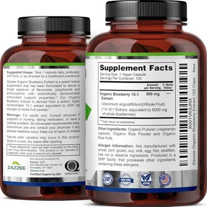 Zazzee USDA Bio-Blaubeere 10:1 Extrakt, 120 vegane Kapseln, 4 Monate Vorrat, ganze Frucht, Vaccinium Angustifolium, Antioxidantien & Zellgesundheit, Kräuterergänzung, Nicht-GVO, Hergestellt in den USA