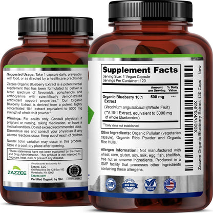 Zazzee USDA Bio-Blaubeere 10:1 Extrakt, 120 vegane Kapseln, 4 Monate Vorrat, ganze Frucht, Vaccinium Angustifolium, Antioxidantien & Zellgesundheit, Kräuterergänzung, Nicht-GVO, Hergestellt in den USA