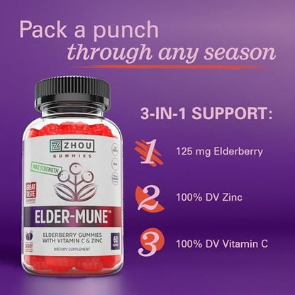 Zhou Elder-Mune Holunderbeeren Gummis mit Vitamin C und Zink – Tägliche Immununterstützung für Frauen & Männer, kaubare natürliche schwarze Holunderbeeren für Erwachsene & Kinder ab 4 Jahren – 60 Gummis