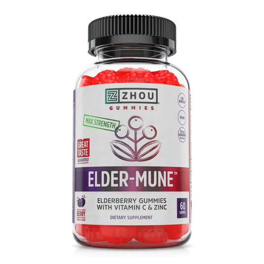 Zhou Elder-Mune Holunderbeeren Gummis mit Vitamin C und Zink – Tägliche Immununterstützung für Frauen & Männer, kaubare natürliche schwarze Holunderbeeren für Erwachsene & Kinder ab 4 Jahren – 60 Gummis