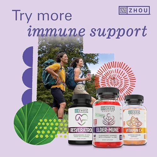 Zhou Elder-Mune Holunderbeeren Gummis mit Vitamin C und Zink – Tägliche Immununterstützung für Frauen & Männer, kaubare natürliche schwarze Holunderbeeren für Erwachsene & Kinder ab 4 Jahren – 60 Gummis