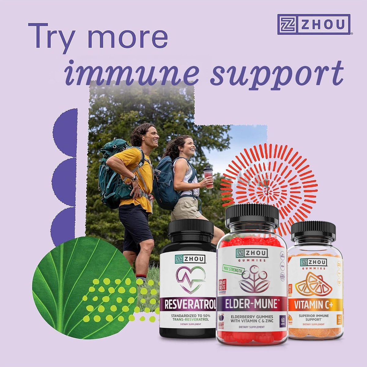 Zhou Elder-Mune Holunderbeeren Gummis mit Vitamin C und Zink – Tägliche Immununterstützung für Frauen & Männer, kaubare natürliche schwarze Holunderbeeren für Erwachsene & Kinder ab 4 Jahren – 60 Gummis