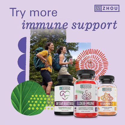 Zhou Elder-Mune Holunderbeeren Gummis mit Vitamin C und Zink – Tägliche Immununterstützung für Frauen & Männer, kaubare natürliche schwarze Holunderbeeren für Erwachsene & Kinder ab 4 Jahren – 60 Gummis