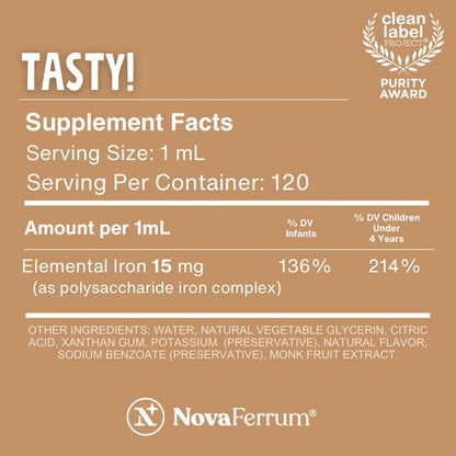 NovaFerrum Tasty | Flüssiges Eisenpräparat für Kleinkinder und Kinder ab Geburt | 15 mg Eisen pro 1 ml Dosis | Glutenfrei, Zuckerfrei, Schokoladengeschmack | 120 Portionen | 118 ml