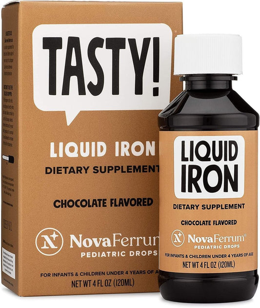 NovaFerrum Tasty | Flüssiges Eisenpräparat für Kleinkinder und Kinder ab Geburt | 15 mg Eisen pro 1 ml Dosis | Glutenfrei, Zuckerfrei, Schokoladengeschmack | 120 Portionen | 118 ml