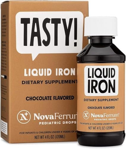 NovaFerrum Tasty | Flüssiges Eisenpräparat für Kleinkinder und Kinder ab Geburt | 15 mg Eisen pro 1 ml Dosis | Glutenfrei, Zuckerfrei, Schokoladengeschmack | 120 Portionen | 118 ml