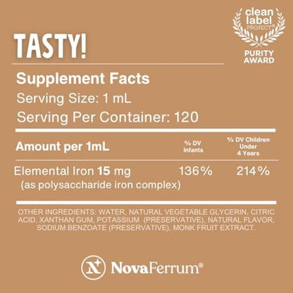 NovaFerrum Tasty | Flüssiges Eisenpräparat für Kleinkinder und Kinder ab Geburt | 15 mg Eisen pro 1 ml Dosis | Glutenfrei, Zuckerfrei, Schokoladengeschmack | 120 Portionen | 118 ml