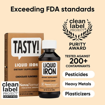 NovaFerrum Tasty | Flüssiges Eisenpräparat für Kleinkinder und Kinder ab Geburt | 15 mg Eisen pro 1 ml Dosis | Glutenfrei, Zuckerfrei, Schokoladengeschmack | 120 Portionen | 118 ml