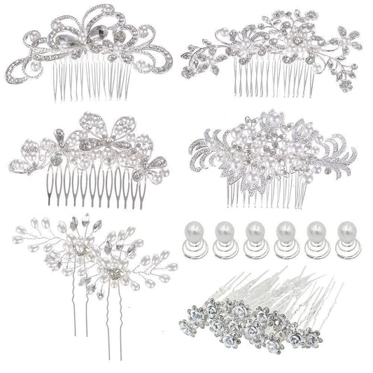 inSowni 32-teiliges Set Silberne Haarkämme für Hochzeiten + U-förmige und gedrehte Haarnadeln Accessoires mit Strass-Perlen für Frauen, Bräute, Brautjungfern