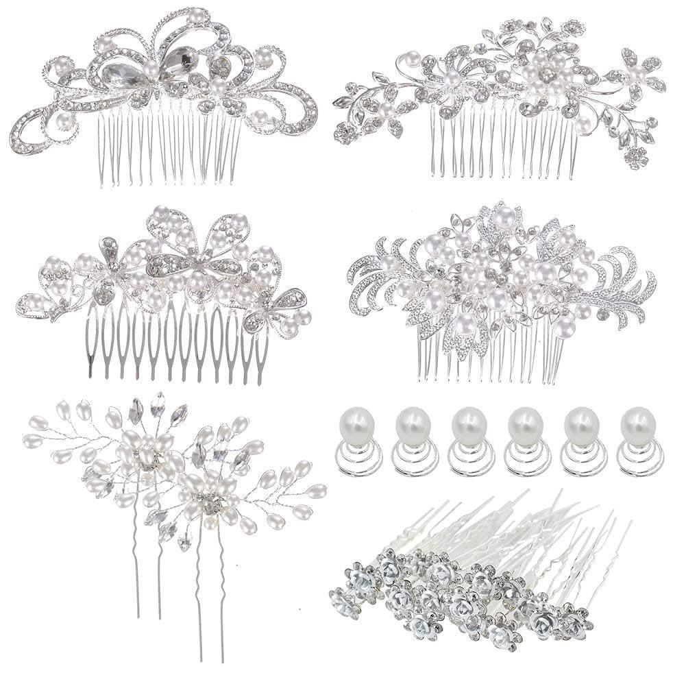 inSowni 32-teiliges Set Silberne Haarkämme für Hochzeiten + U-förmige und gedrehte Haarnadeln Accessoires mit Strass-Perlen für Frauen, Bräute, Brautjungfern