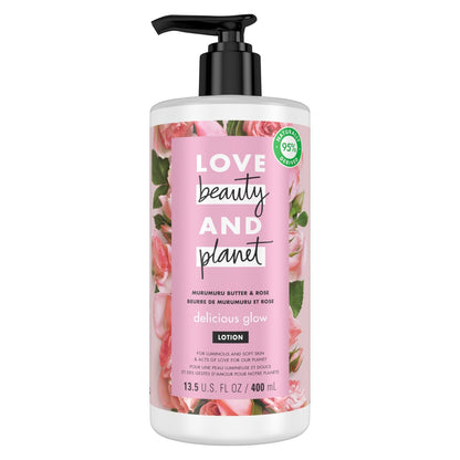 Love Beauty and Planet Delicious Glow Bodylotion mit Murumuru-Butter & Rose für weiche, strahlende Haut – natürliche Inhaltsstoffe, pflanzliche Feuchtigkeitsspender, vegan, tierversuchsfrei (13,5 oz)