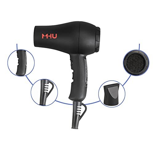 MHD Reise-Haartrockner Mini Keramik Ionen 1000 Watt Föhn für Wohnmobil Leicht 2 Geschwindigkeitsstufen mit Konzentratordüse, Schwarz