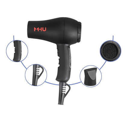 MHD Reise-Haartrockner Mini Keramik Ionen 1000 Watt Föhn für Wohnmobil Leicht 2 Geschwindigkeitsstufen mit Konzentratordüse, Schwarz