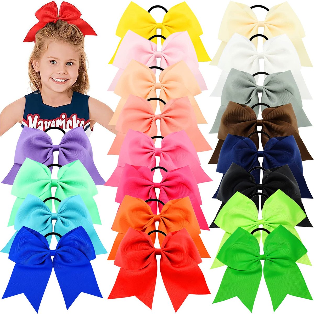 WillingTee 20 Stück 8 Zoll Große Cheer Bows für Mädchen, Haargummis aus Grosgrain-Band, Cheerleading Schleifen, Elastische Haarbänder für Kleinkinder, Schule, Teenager, Senior Cheerleader