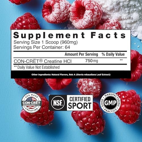 CON-CRET Creatin HCl Pulver | Unterstützung für Muskeln, Kognition & Zellenergie | Kein Blähbauch oder Krämpfe | Hergestellt in den USA & NSF-zertifiziert | Himbeere (64 Portionen)