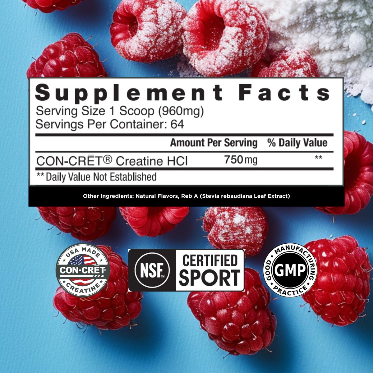 CON-CRET Creatin HCl Pulver | Unterstützung für Muskeln, Kognition & Zellenergie | Kein Blähbauch oder Krämpfe | Hergestellt in den USA & NSF-zertifiziert | Himbeere (64 Portionen)