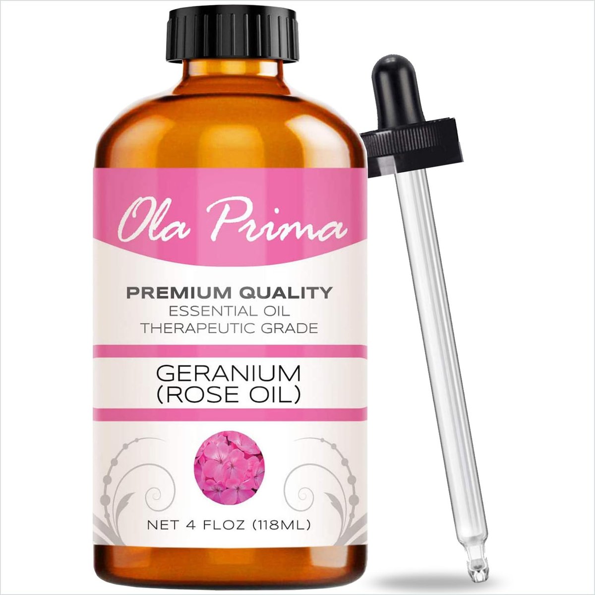 Ola Prima Rosen-Geranie Bio-Öl - Premium Qualität für Aromatherapie, Diffuser, Kerzen- & Seifenherstellung, mit Pipette - 118 ml