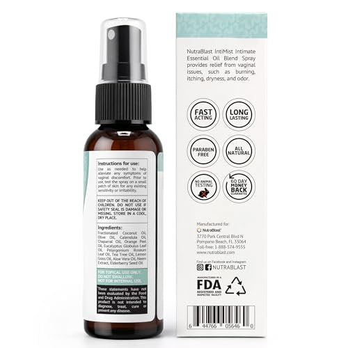 NutraBlast Intimist Feminin Essentialöle-Spray (60 ml) | Natürliches Intim-Deodorant für Frauen gegen Trockenheit, Geruch, Juckreiz und Brennen