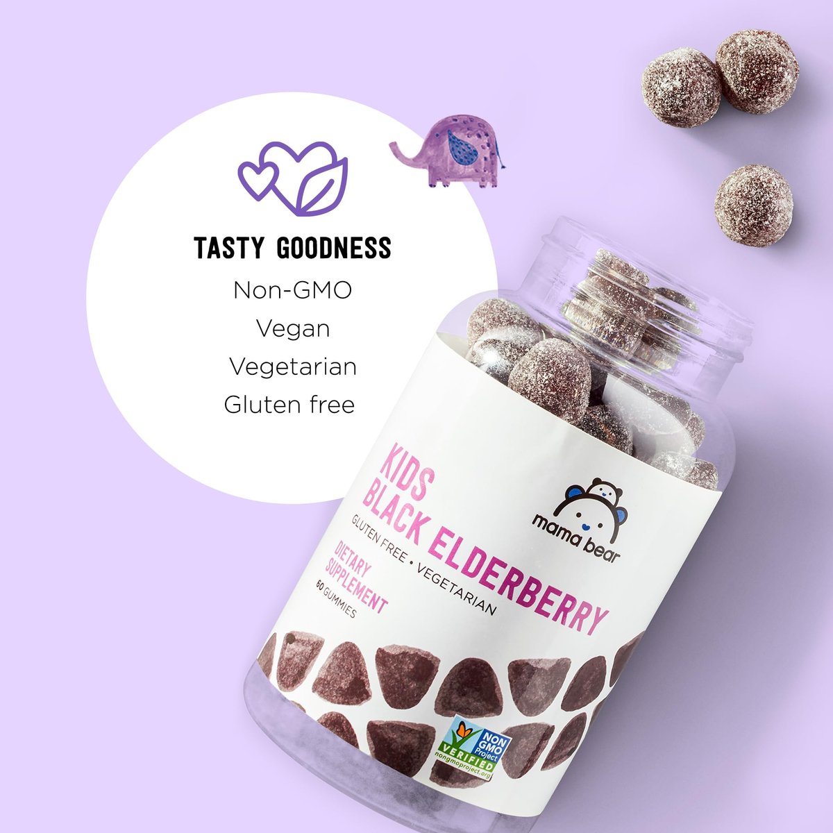Mama Bear Vegetarische Holunderbeeren-Gummis für Kinder 300 mg mit Vitamin C, D, E und Zink - Immunsystem-Unterstützung - 60 Gummis (1-2 Monatsvorrat), Nicht-GVO, Glutenfrei